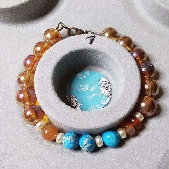 Mixed Media ~ Beaded Bracelet 7" Wrist! Aqua Sea Sediment Jasper, Orange Agate - Picture 5 of 8